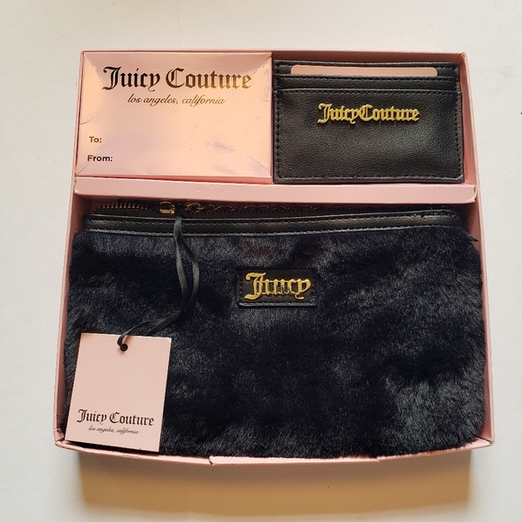 New Black Juicy Couture Mini Fur Bag And Card Holder Set NWT